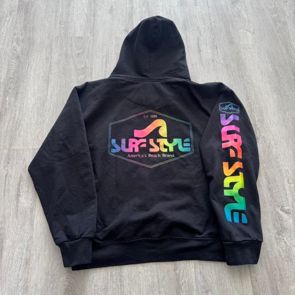 Surf style Y2K black hoodie size small with multicolor rainbow spellout